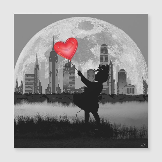 NEW YORK Full Moon Girl wh Balloon Magnetic Card (Front)