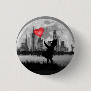 NEW YORK Full Moon Girl with Heart Balloon Button
