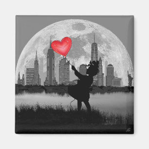 NEW YORK Full Moon Girl with Heart Balloon Magnet