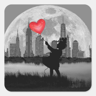 NEW YORK Full Moon Girl with Heart Balloon Sticker