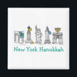 New York Hanukkah NYC Chanukah Jewish Holidays Magnet<br><div class="desc">Features an original marker illustration of classic New York City landmarks, including Washington Square Arch, Brooklyn Bridge, and Statue of Liberty, "dressed up" for the holidays. Perfect for anyone who lives in or loves the "hustle and bustle" of NYC during the Hanukkah season. This holiday illustration is also available on...</div>