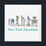 New York Hanukkah NYC Chanukah Jewish Holidays Magnet<br><div class="desc">Features an original marker illustration of classic New York City landmarks, including Washington Square Arch, Brooklyn Bridge, and Statue of Liberty, "dressed up" for the holidays. Perfect for anyone who lives in or loves the "hustle and bustle" of NYC during the Hanukkah season. This holiday illustration is also available on...</div>