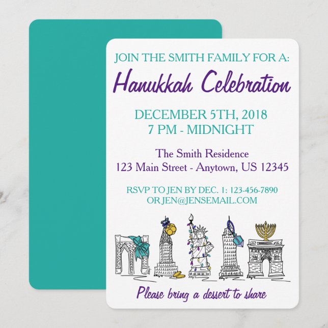 New York Hanukkah NYC Landmarks Jewish Holiday Invitation (Front/Back)