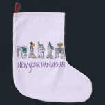 New York Hanukkah Purple Chanukah Holiday Landmark Large Christmas Stocking<br><div class="desc">Features an original pen-and-ink illustration of various New York City landmarks "dressed up" for the holiday season. Perfect for Hanukkah!

This design is also available on other products. Don't see what you're looking for? Need help with customisation? Contact Rebecca to have something designed just for you.</div>