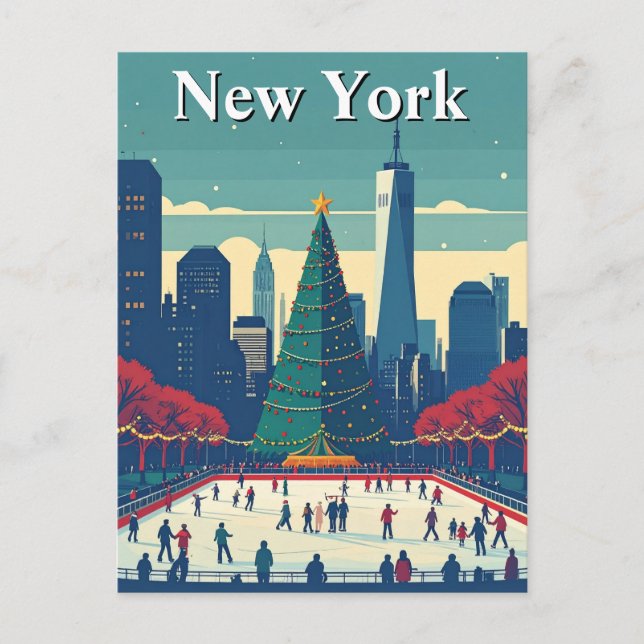 New York Ice Rink Christmas Tree Holiday Travel Postcard (Front)