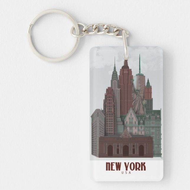 New York in Clouds - Dark Red and Green Key Ring (Front)