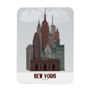 New York in Clouds - Dark Red and Green Magnet