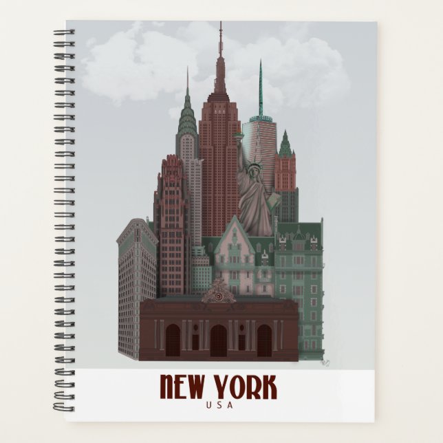 New York in Clouds - Dark Red and Green Planner (Front)