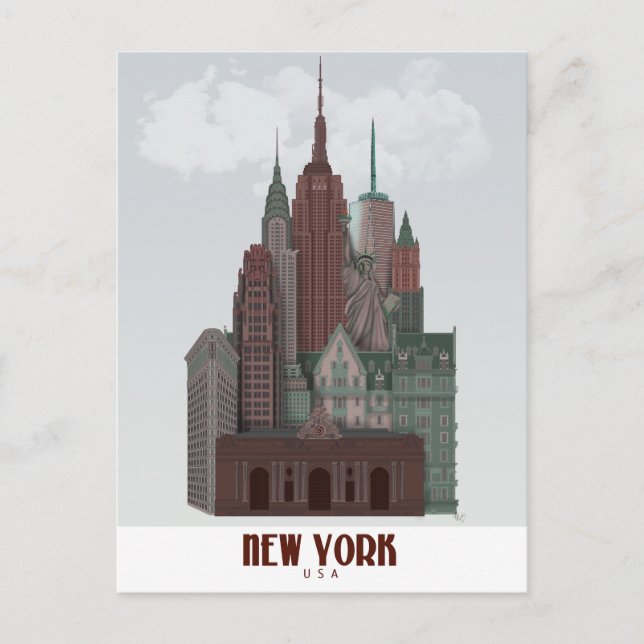 New York in Clouds - Dark Red and Green Postcard (Front)