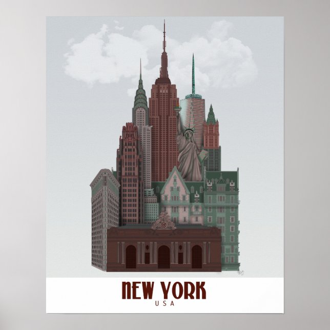 New York in Clouds - Dark Red and Green Poster (Front)