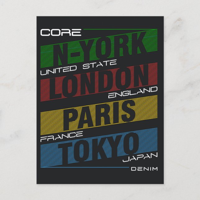 New York, London, Paris, Tokyo Postcard (Front)