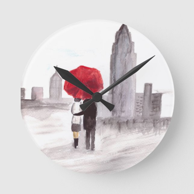 New York love couple red umbrella anniversary  Round Clock (Front)
