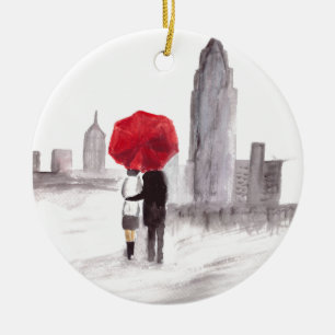 New York love couple red umbrella NYC Manhattan  Ceramic Tree Decoration
