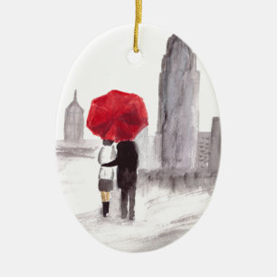 New York love couple red umbrella NYC watercolor  Ceramic Tree Decoration
