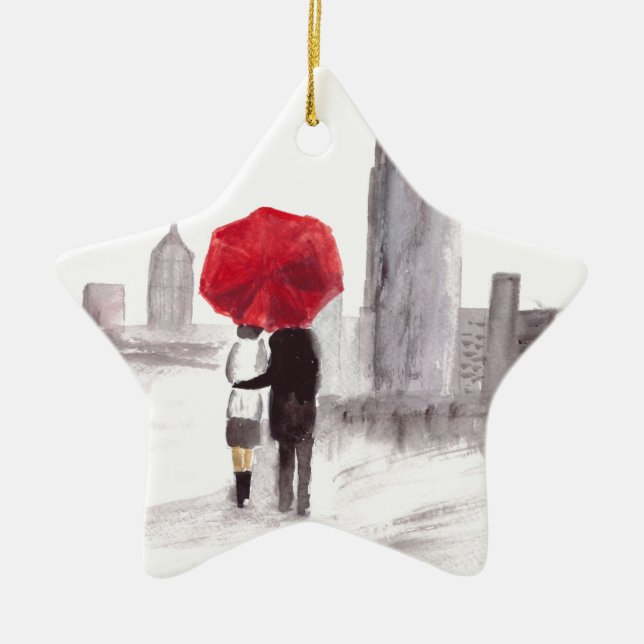 New York love couple with red umbrella Ceramic Tree Decoration (Front)