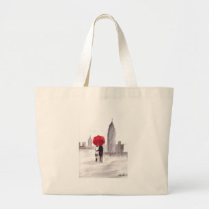 New York love couple with red umbrella Large Tote Bag