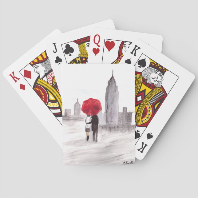 New York love couple with red umbrella Playing Cards (Back)