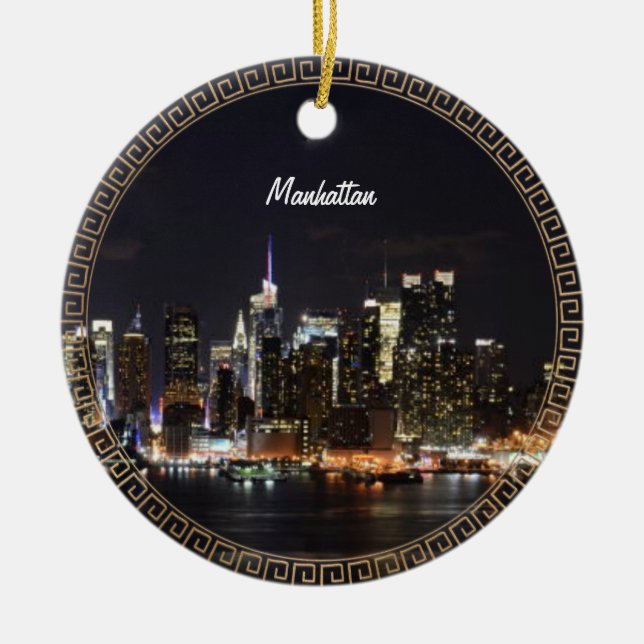 New York, Manhattan Skyline at Night Ceramic Tree Decoration (Front)