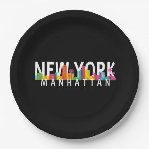 New York Manhattan skyline with palms Paper Plate