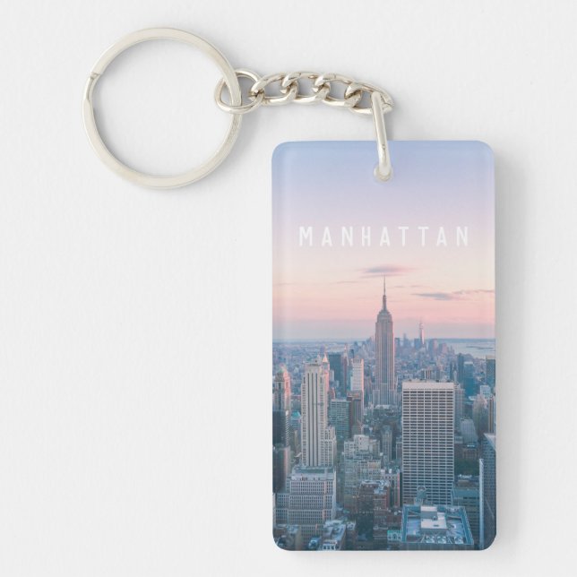New York Manhattan Text Pink Blue Skyline Sunset Key Ring (Front)