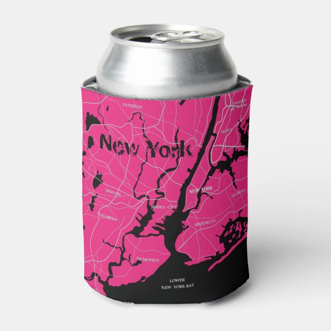 New York Map, Black and Pink Can Cooler (Can Front)