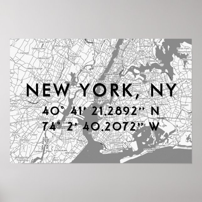New York Map Black White & Grey Personalised Poster (Front)