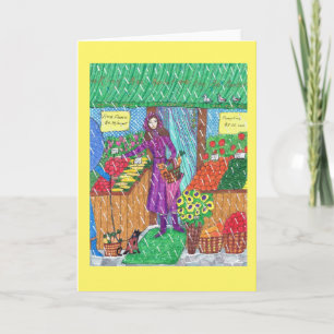 New York Market Greeting Card with Woman and Cat