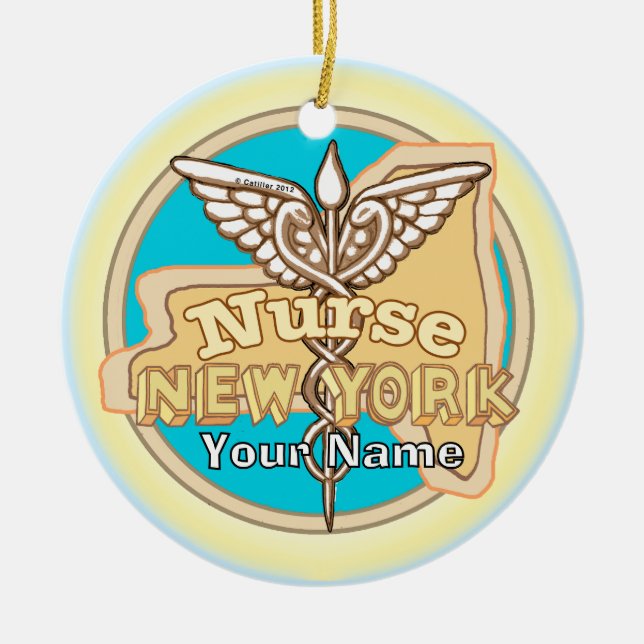 New York Nurse Caduceus  Ceramic Tree Decoration (Front)