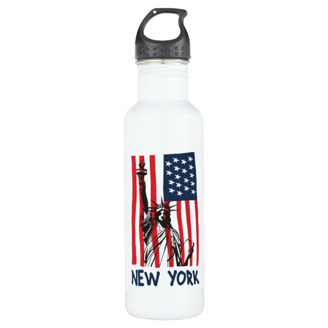 New York NY Statue of Liberty USA America Flag 710 Ml Water Bottle (Front)