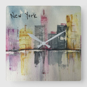 New York NYC Skyline Cityscape original artwork Square Wall Clock