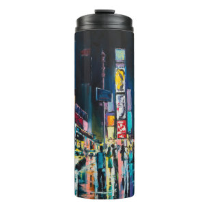 "New York" oil painting, a night view of New York, Thermal Tumbler