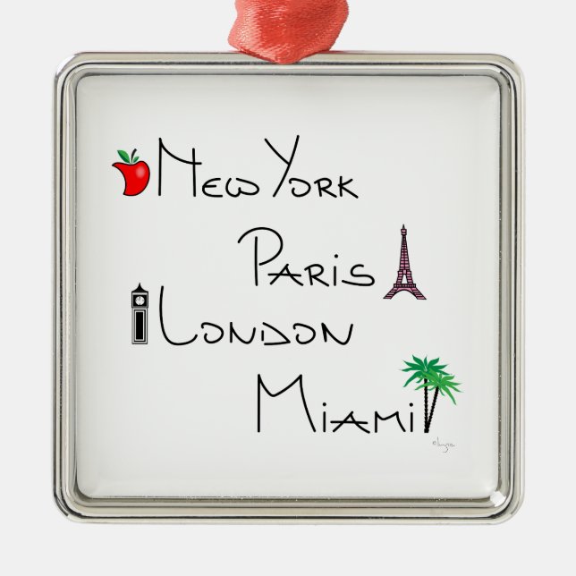 New York, Paris, London, Miami Metal Tree Decoration (Front)