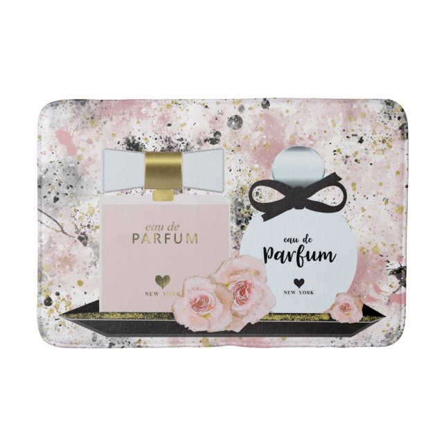 New York Perfume Bottles Gold & Blush Pink Roses Bath Mat (Front)