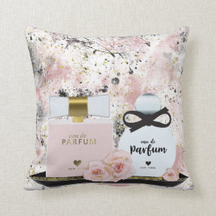 New York Perfume Bottles Gold & Blush Pink Roses Cushion
