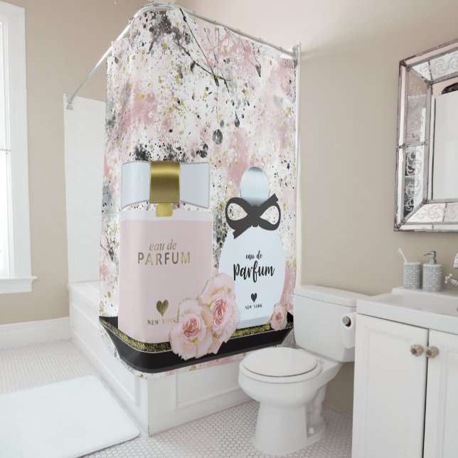 New York Perfume Bottles Gold & Blush Pink Roses Shower Curtain (In Situ)