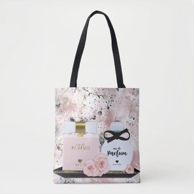 New York Perfume Bottles Gold & Blush Pink Roses Tote Bag (Front)