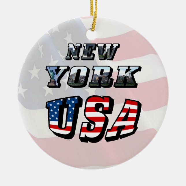 New York Picture and USA Flag Text Ceramic Tree Decoration (Front)