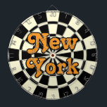 NEW YORK Retro Modern Orange text Black and Cream Dartboard<br><div class="desc">NEW YORK Retro Modern Orange editable text on Black And Light Cream Dart Board Game Including 6 Brass Darts 🎯Personalise with your text or name by selecting the personalisation option. Please let me know if you have additional questions and because Zazzle's customer support handles the customer experience you may reach...</div>