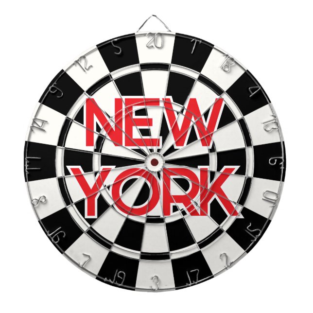 NEW YORK Retro Modern Red text on Black and White Dartboard (Front)