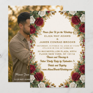 New York Rose Gold Floral Photo Wedding Invitation