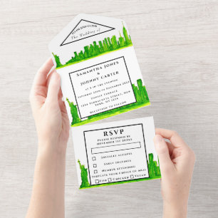 New York RSVP Watercolor Green Modern Wedding  All In One Invitation