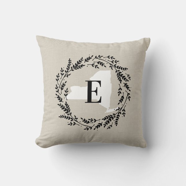 New York Rustic Wreath Monogram Throw Pillow (Front)
