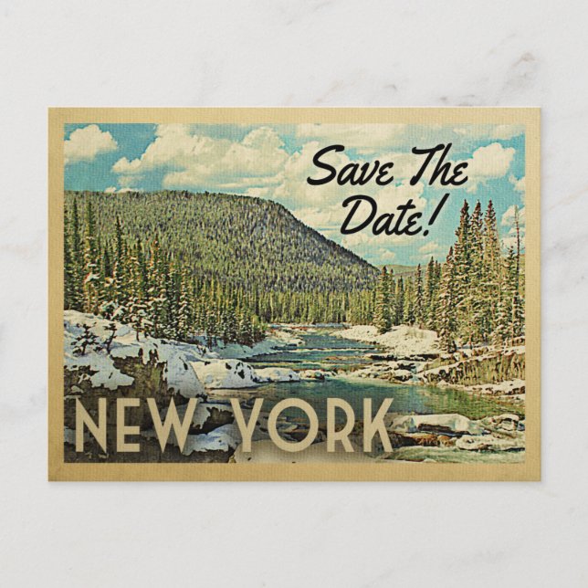 New York Save The Date Mountains River Snow Announcement Postcard (Front)