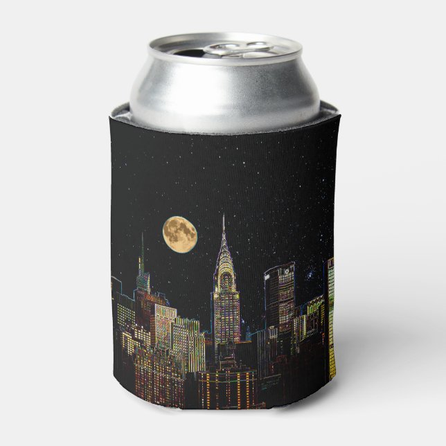 New York Skyline At Night With Full Moon Can Cooler (Can Front)