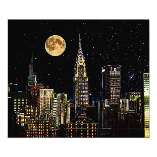 New York Skyline At Night With Full Moon Photo Print (Front)