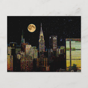New York Skyline At Night With Full Moon Postcard