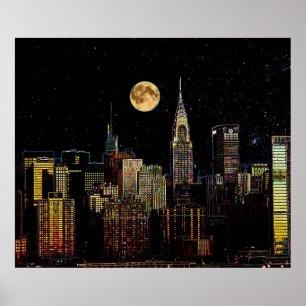 New York Skyline At Night With Full Moon Poster