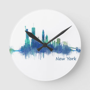 New York Skyline blue Watercolor v05 Round Clock
