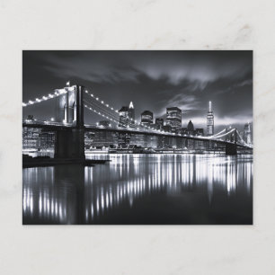 New York Skyline Brooklyn Bridge Monochrome Night Announcement Postcard