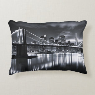 New York Skyline Brooklyn Bridge Monochrome Night Decorative Cushion